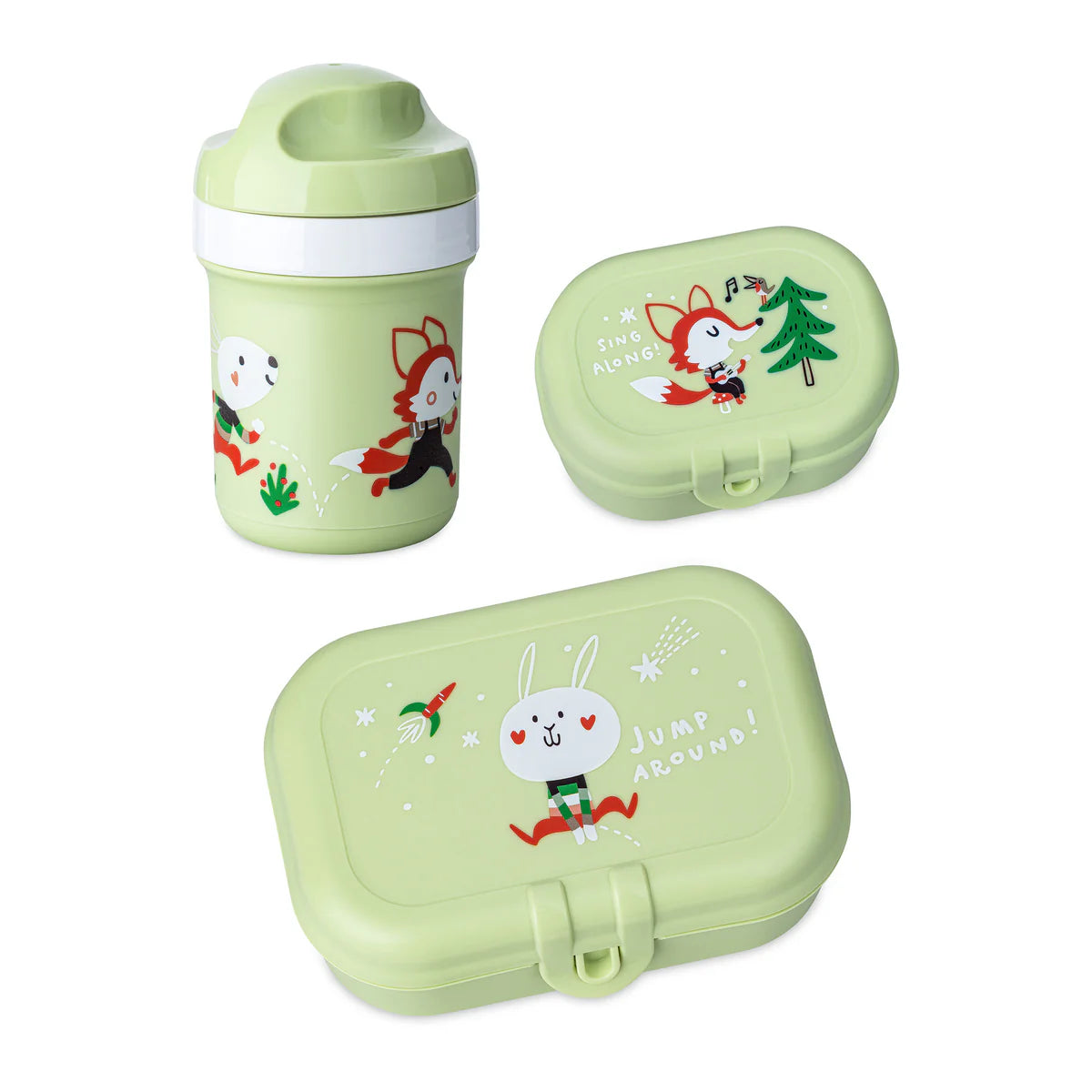 Set pentru copii Koziol Hop on to go, cu sticla pentru apa si doua cutii alimentare