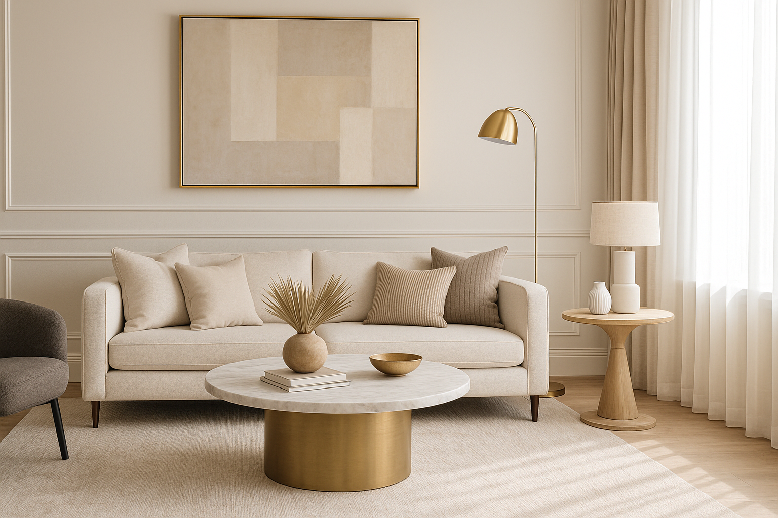 Sufragerie moderna cu o canapea bej, masa pentru cafea, bol si vaza decorativa.
