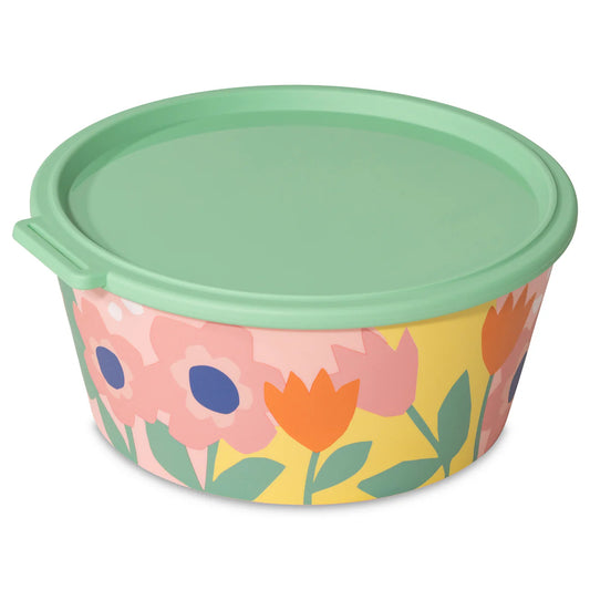 Cutie alimentara cu imprimeu floral si capac verde, pe fundal alb