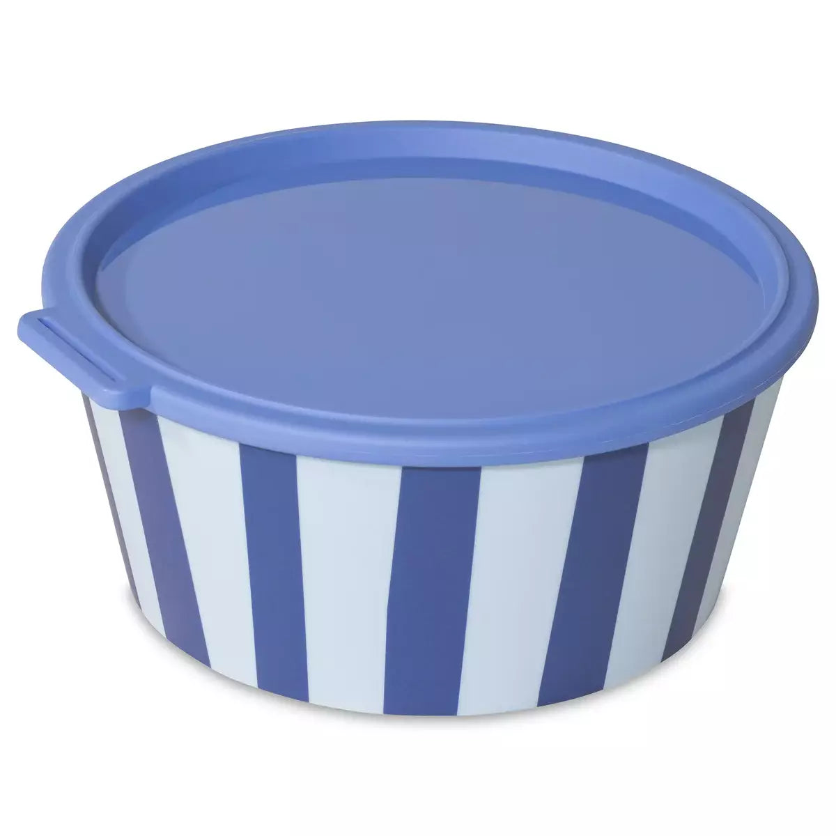 Cutie alimentara cu imprimeu in dungi si capac albastru, pe fundal alb