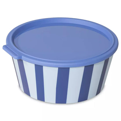 Cutie alimentara cu imprimeu in dungi si capac albastru, pe fundal alb
