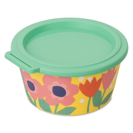 Cutie alimentara cu design floral si capac verde, pe fundal alb