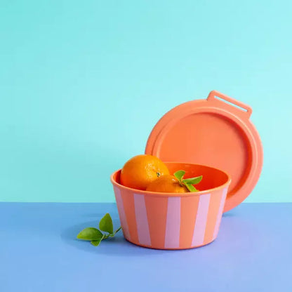 Cutie alimentara cu design in dungi si capac, pe fundal albastru
